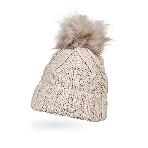 Neverless® Damen Strick-Mütze gefüttert Umschlag Fleecefutter Fell-Bommel Kunstfell Winter-Mütze Zopfstrick Bommelmütze beige Unisize von Neverless