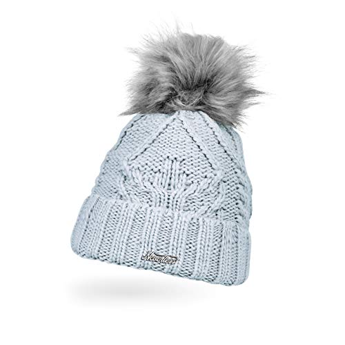 Neverless® Damen Strick-Mütze gefüttert Umschlag Fleecefutter Fell-Bommel Kunstfell Winter-Mütze Zopfstrick Bommelmütze hellblau Unisize von Neverless