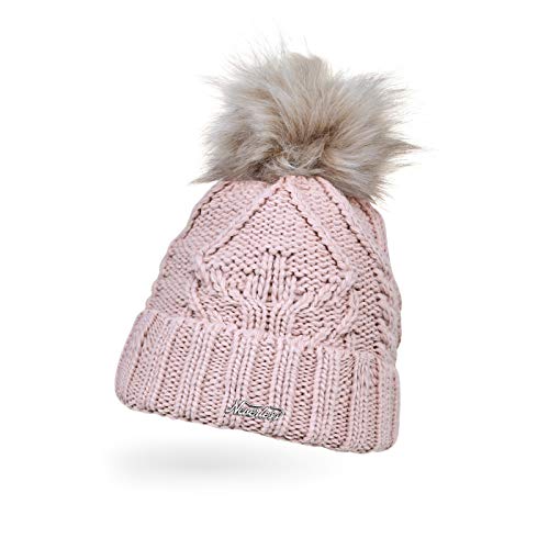 Neverless® Damen Strick-Mütze gefüttert Umschlag Fleecefutter Fell-Bommel Kunstfell Winter-Mütze Zopfstrick Bommelmütze rosa Unisize von Neverless