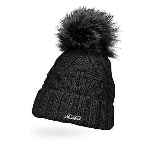 Neverless® Damen Strick-Mütze gefüttert Umschlag Fleecefutter Fell-Bommel Kunstfell Winter-Mütze Zopfstrick Bommelmütze schwarz Unisize von Neverless