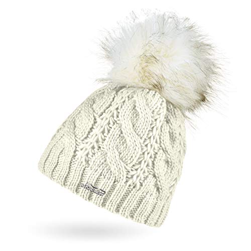 Neverless® Damen Strick-Mütze gefüttert mit Fleece Grobstrick Zopfmuster Fell-Bommel Kunstfell Bommelmütze Creme von Neverless