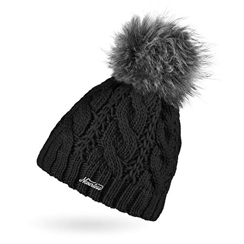 Neverless® Damen Strick-Mütze gefüttert mit Fleece Grobstrick Zopfmuster Fell-Bommel Kunstfell Bommelmütze schwarz von Neverless