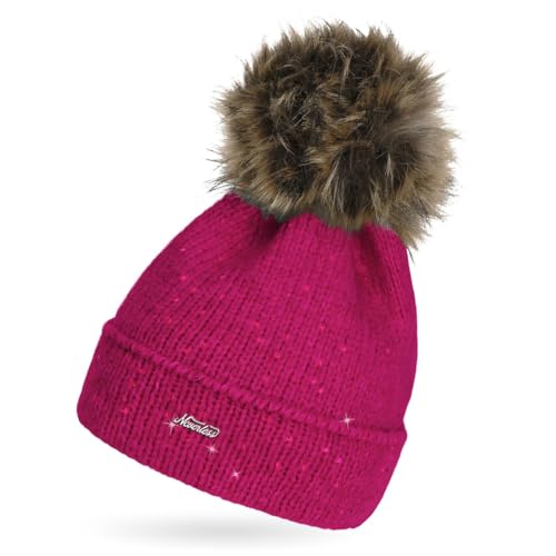 Neverless® Damen Strick-Mütze mit Fellbommel und Innenfutter Fleece Kunstfell Bommelmütze Glitzer-Effekt Umschlag pink Unisize von Neverless