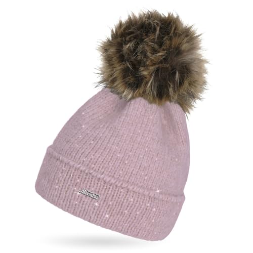 Neverless® Damen Strick-Mütze mit Fellbommel und Innenfutter Fleece Kunstfell Bommelmütze Glitzer-Effekt Umschlag rosa Unisize von Neverless