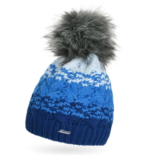 Neverless® Damen Strick-Mütze mit Fleecefutter Fell-Bommel Kunstfell Wintermütze Bommelmütze Grobstrick Mehrfarbig Navy-hellblau-blau Unisize von Neverless
