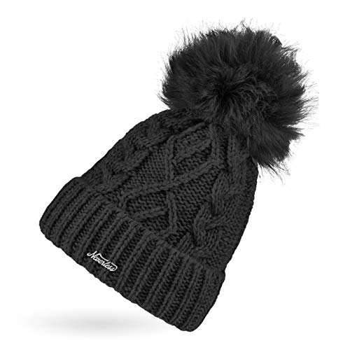 Neverless® Damen Strick-Mütze mit Innenfutter Fleece Fell-Bommel Kunstfell Bommelmütze Zopfstrickmuster Umschlag schwarz von Neverless