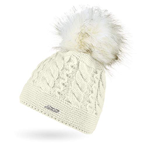 Neverless® Damen Strick-Mütze mit Zopfmuster gefüttert mit Fleece Pelzbommel Kunstfell Winter-Mütze Bommelmütze Creme von Neverless