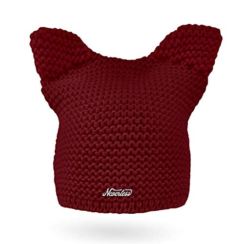 Neverless® Damen Strickmütze Katze Katzenohren Winter-Mütze Grobstrickmuster Strick-Beanie Bordeaux von Neverless