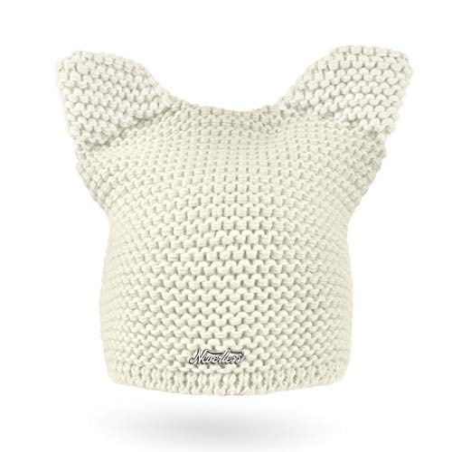 Neverless® Damen Strickmütze Katze Katzenohren Winter-Mütze Grobstrickmuster Strick-Beanie Creme von Neverless