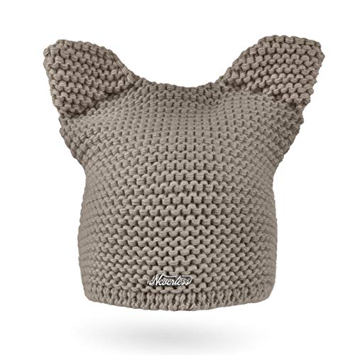 Neverless® Damen Strickmütze Katze Katzenohren Winter-Mütze Grobstrickmuster Strick-Beanie Dunkelbeige von Neverless