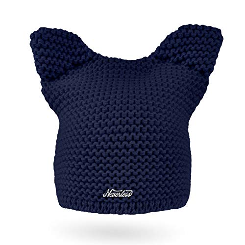 Neverless® Damen Strickmütze Katze Katzenohren Winter-Mütze Grobstrickmuster Strick-Beanie Navy von Neverless