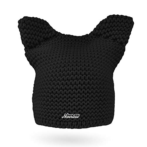 Neverless® Damen Strickmütze Katze Katzenohren Winter-Mütze Grobstrickmuster Strick-Beanie schwarz von Neverless