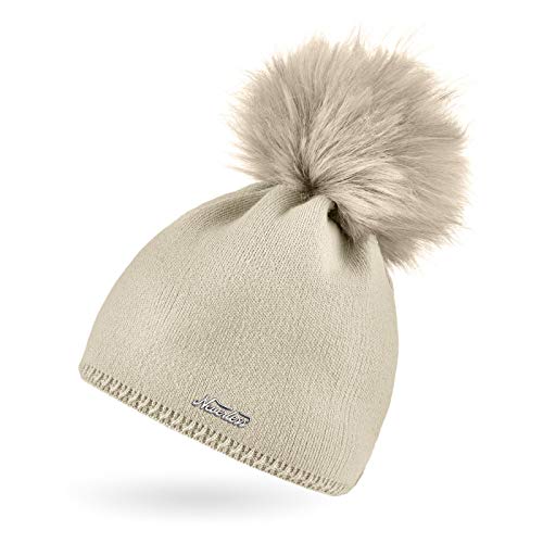 Neverless® Damen Strickmütze Strick-Beanie mit Bommel Winter-Mütze Bommelmütze Feinstrick Hellbeige von Neverless