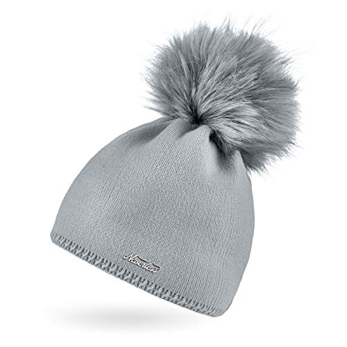 Neverless® Damen Strickmütze Strick-Beanie mit Bommel Winter-Mütze Bommelmütze Feinstrick Hellgrau von Neverless