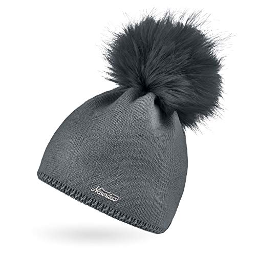 Neverless® Damen Strickmütze Strick-Beanie mit Bommel Winter-Mütze Bommelmütze Feinstrick dunkelgrau von Neverless