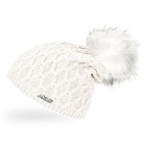 Neverless® Damen Strickmütze gefüttert mit Fell-Bommel, Strick-Beanie, Winter-Mütze, Bommelmütze, Creme Unisize von Neverless