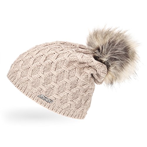 Neverless® Damen Strickmütze gefüttert mit Fell-Bommel, Strick-Beanie, Winter-Mütze, Bommelmütze, Hellbeige Unisize von Neverless