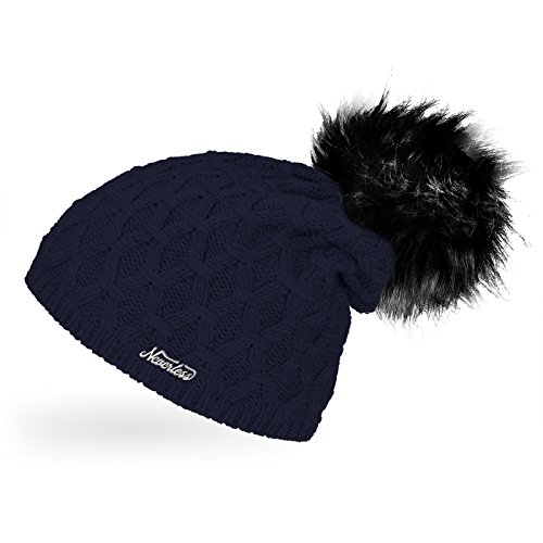 Neverless® Damen Strickmütze gefüttert mit Fell-Bommel, Strick-Beanie, Winter-Mütze, Bommelmütze, Navy Unisize von Neverless