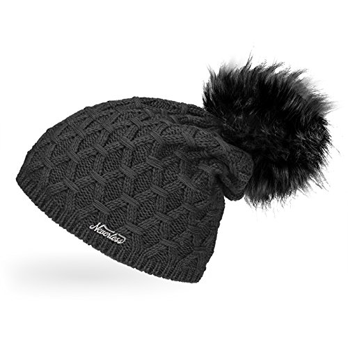 Neverless® Damen Strickmütze gefüttert mit Fell-Bommel, Strick-Beanie, Winter-Mütze, Bommelmütze, dunkelgrau Unisize von Neverless