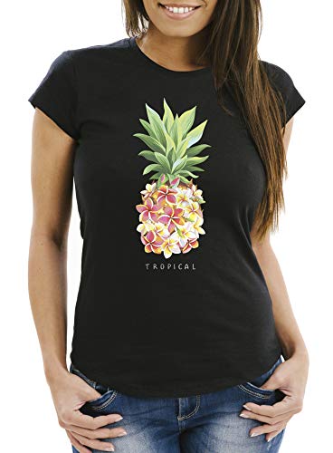 Neverless® Damen T-Shirt Ananas Blumen Frangipani Pineapple Flowers Tropical Summer Paradise Slim Fit tailliert Baumwolle schwarz M von Neverless