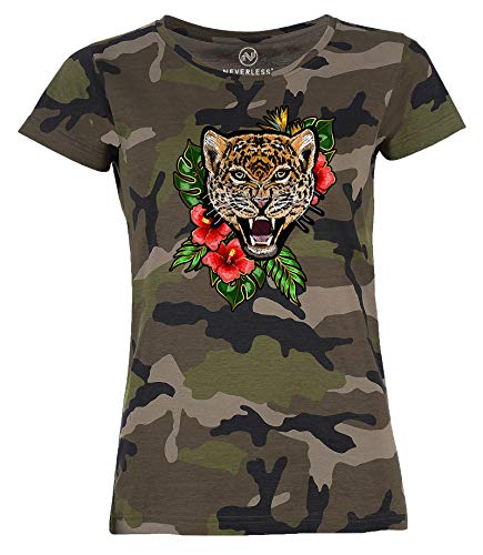 Neverless® Damen T-Shirt Camouflage Camo-Shirt Flamingo Tropical Palmblätter Sommer Stick-Patch-Optik Tarnmuster schwarz S von Neverless