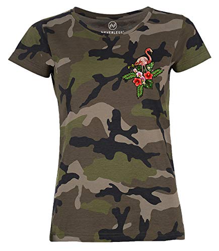 Neverless® Damen T-Shirt Camouflage Camo-Shirt Flamingo Tropical Palmblätter Sommer Stick-Patch-Optik Tarnmuster schwarz XL von Neverless