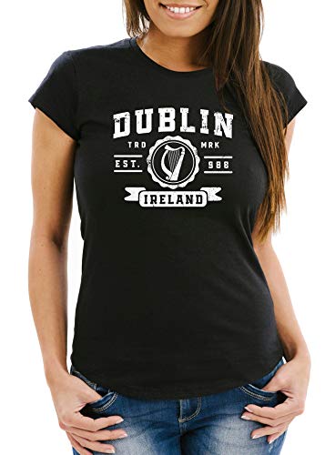 Neverless® Damen T-Shirt Dublin Irland Retro Design Print Aufdruck Fashion Streetstyle Slim Fit schwarz S von Neverless