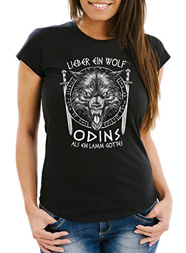 Neverless® Damen T-Shirt Lieber EIN Wolf Odins als EIN Lamm Gottes nordische Mythologie Wikinger Muskelshirt tFashion Streetstyle schwarz XS von Neverless