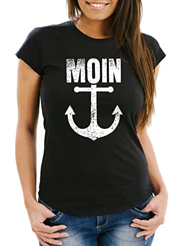 Neverless® Damen T-Shirt Moin Anker Retro Print Aufdruck Maritim Nordisch Fashion Streetstyle Slim Fit schwarz M von Neverless