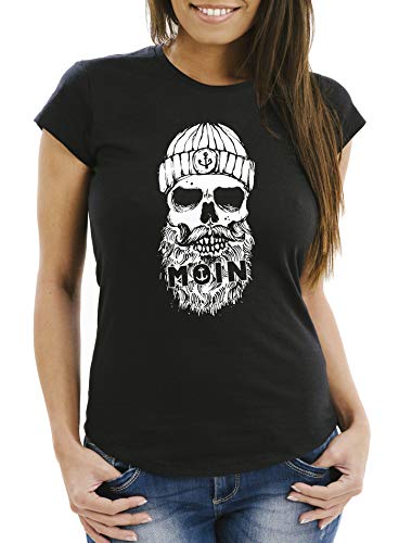 Neverless® Damen T-Shirt Moin Totenkopf Anker Skull Slim Fit schwarz S von Neverless