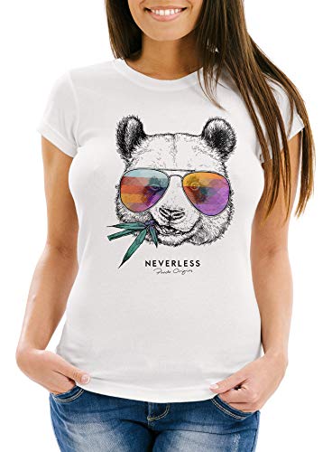 Neverless® Damen T-Shirt Panda Bär Aufdruck Tiermotiv mit Sonnenbrille Fashion Streetstyle Slim Fit weiß L von Neverless