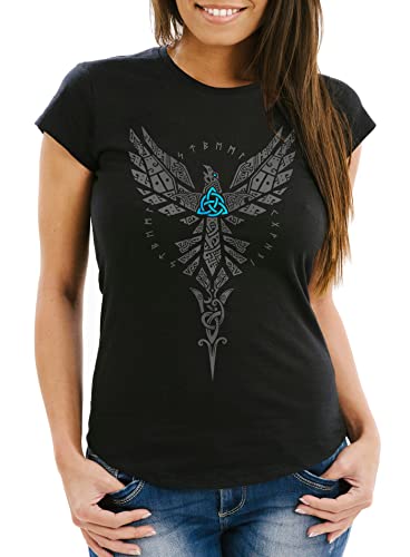 Neverless® Damen T-Shirt Rabe Munin Raven Odin Valknut Valhalla Wikinger Walküre Mythologie Runen Slim Fit schwarz XS von Neverless