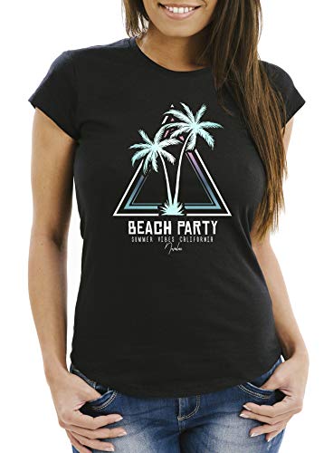 Neverless® Damen T-Shirt Sommer-Shirt Palmen Beach Party Party-Shirt Slim Fit schwarz XL von Neverless