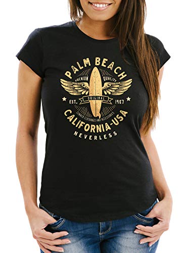 Neverless® Damen T-Shirt Surfing Motiv Vintage Effekt Palm Beach California USA Schriftzug Fashion Streetstyle Slim Fit schwarz XXL von Neverless