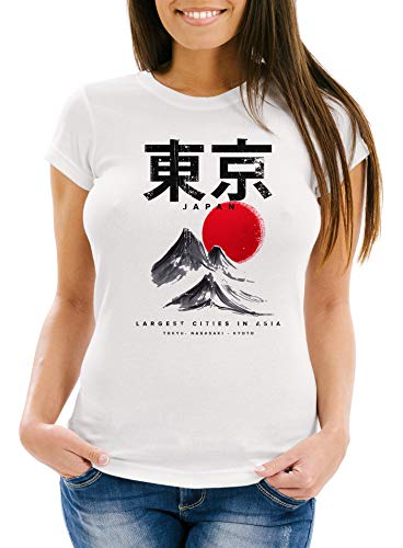 Neverless® Damen T-Shirt Tokyo Asia Japan Berge City Urban Kanji Slim Fit weiß S von Neverless