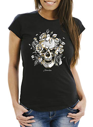 Neverless Damen T-Shirt Totenkopf Rosen Skull Roses Schädel Slim Fit, L, Skull Roses Schwarz von Neverless