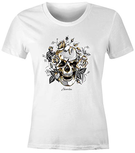 Neverless® Damen T-Shirt Totenkopf Rosen Skull Roses Schädel Slim Fit weiß S von Neverless