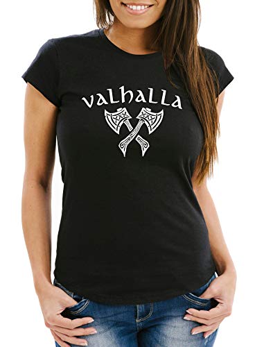 Neverless® Damen T-Shirt Valhalla Viking Axt Nordische Mythologie Odin Fashion Streetstyle Slim Fit schwarz XL von Neverless