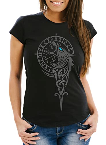 Neverless® Damen T-Shirt Wikinger Kompass Fenriswolf Fenrir Vegvisir Wolf Asgard Valhalla Walküre Slim Fit schwarz XXL von Neverless