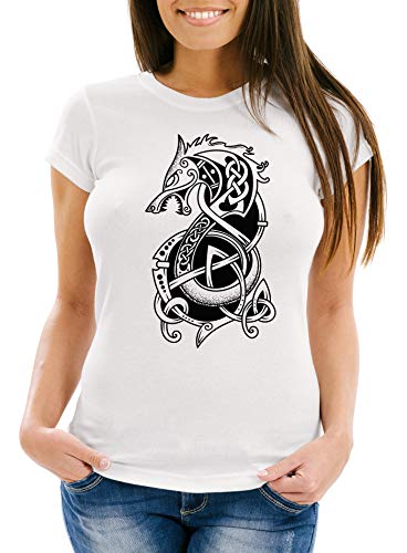 Neverless® Damen T-Shirt Wolf Fenrir Fabelwesen Wikinger nordische Mythologie Odin Fashion Streetstyle weiß XL von Neverless