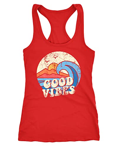 Neverless® Damen Tank-Top Good Vibes Welle Hippie Slogan Statement Surf Design Vintage Retro Racerback rot M von Neverless