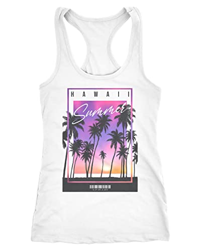 Neverless® Damen Tank-Top Hawaii Summer Schriftzug Palmen Foto-Print Sommer Surfing Racerback weiß L von Neverless