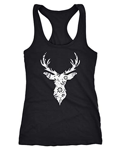 Neverless® Damen Tank-Top Hirsch-Geweih Blumen Muster Scherenschnitt Art Print Tiermotiv Printshirt Racerback schwarz XS von Neverless