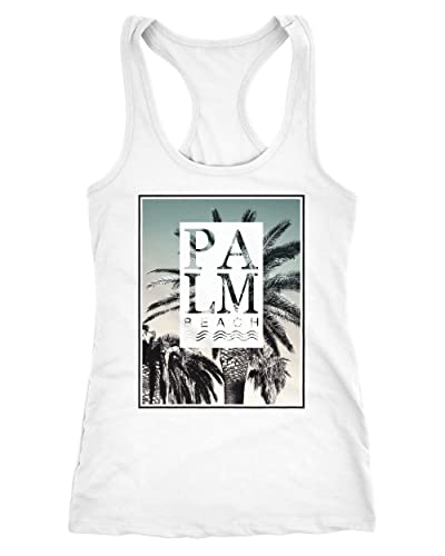 Neverless® Damen Tank-Top Palm Beach Palmen Wellen Sommer Sonne USA Amerika Printshirt Fashion Racerback weiß M von Neverless