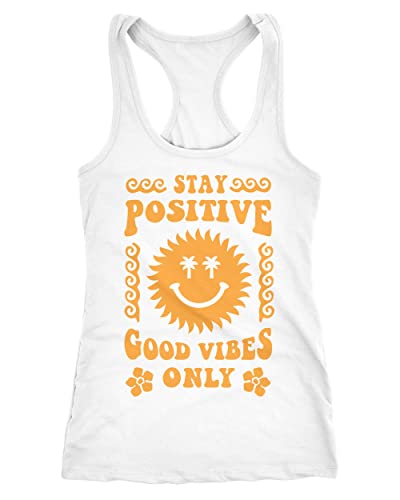 Neverless® Damen Tank-Top Statement Spruch Stay Positive Good Vibes Only Sonne Smile Sommer Fashion Racerback weiß-gelb M von Neverless