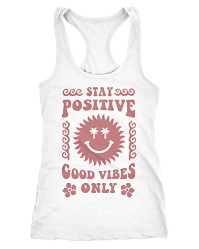 Neverless® Damen Tank-Top Statement Spruch Stay Positive Good Vibes Only Sonne Smile Sommer Fashion Racerback weiß-rot M von Neverless