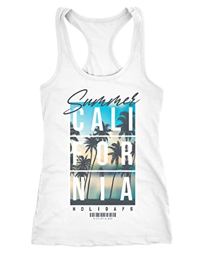 Neverless® Damen Tank-Top Summer California Holidays Sommer Palmen Foto Print Aufdruck Schriftzug Fashion weiß M von Neverless