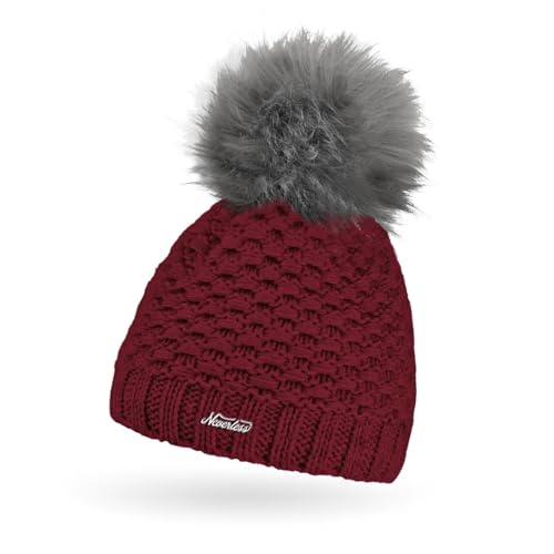 Neverless® Damen Winter-Mütze Strick Fleecefutter Kunstfell-Bommel Pudelmütze Wintermode Outdoor Bordeaux Unisize von Neverless