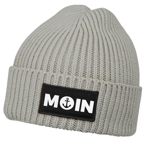 Neverless® Herren Beanie Wintermütze Patch Moin Nordisch Aufdruck Print Strickmütze Rippstrick grau Unisize von Neverless