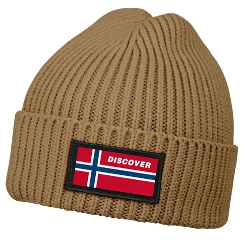 Neverless® Herren Beanie Wintermütze mit Patch Norwegen Flagge Aufdruck Print Strickmütze Männer Rippstrick Hellbraun Unisize von Neverless